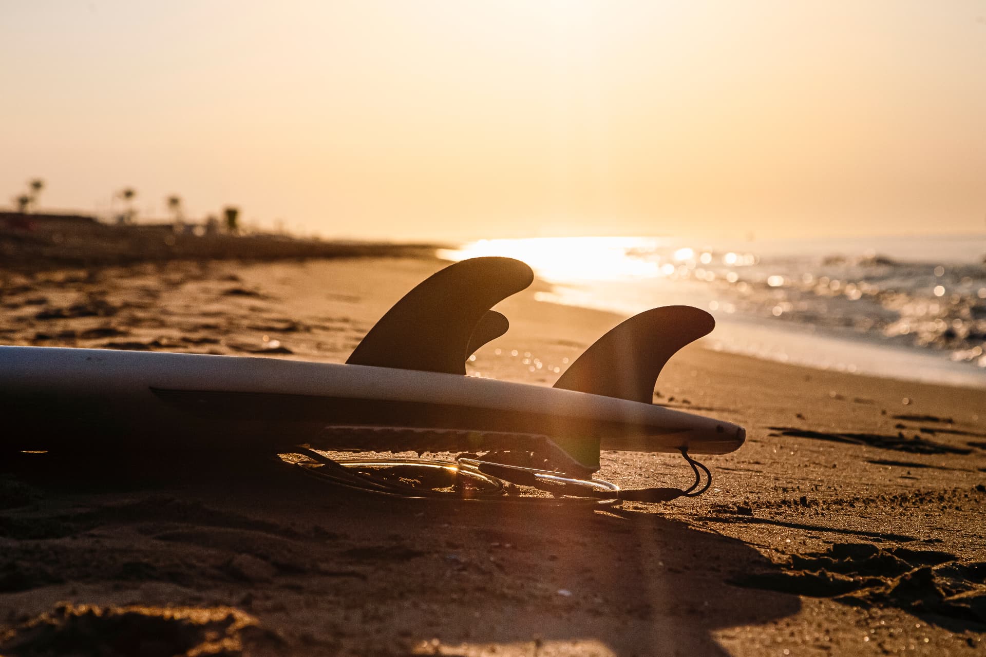 Surfboard resting on a Carlsbad beach at sunset