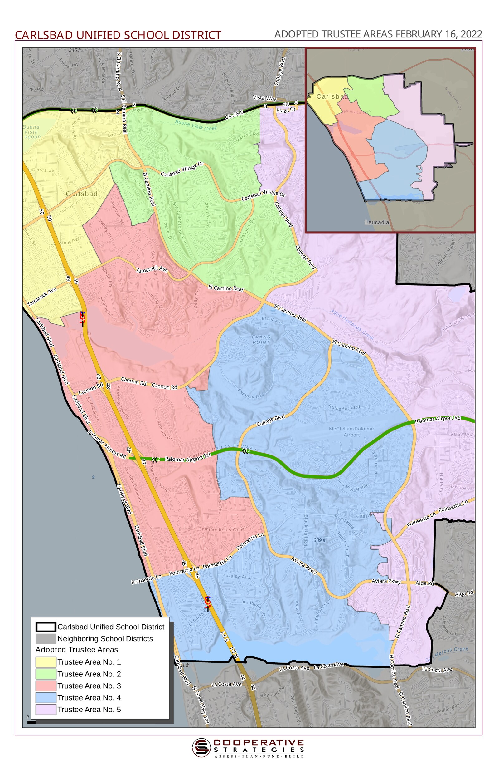 Map of the Carlsbad Unified School District trustee areas adopted in 2022, with Trustee Area 1 covering the northwest portion of the district