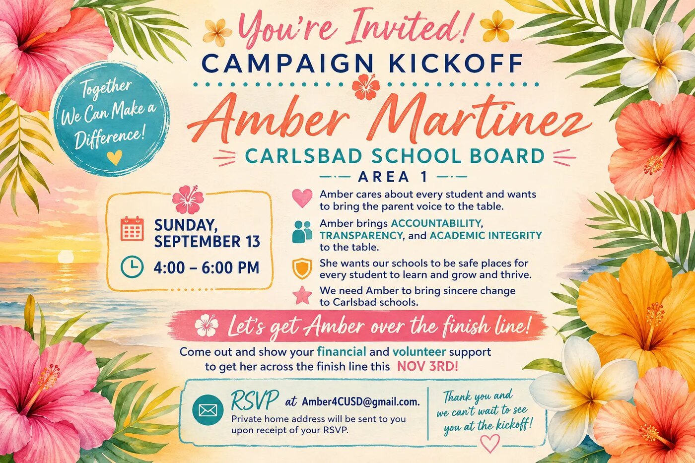 Invitation to the Amber Martinez campaign kickoff on Sunday, September 13, 2026, from 4 to 6 PM at a private Carlsbad residence